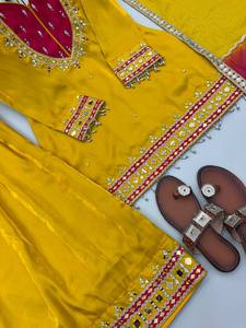 Conjunto de Salwar Kameez amarillo bordado con dupatta rosa, vestido tradicional indio pakistaní para bodas y fiestas, corte holgado para mujer - Product Image 6