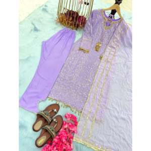 Conjunto de ropa de fiesta de diseñador para mujer, parte superior de Georgette de imitación pesada con parte inferior y aspecto elegante Dupatta - Product Image 1