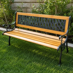 Honey Wood Garden <b>Bench</b> Black <b>Metal</b> Lattice Back Outdoor Patio Lawn Seating Decorative Park Furniture Premium Style - Product Image 2