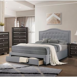 Testiera letto matrimoniale imbottita in tessuto di tela grigio chiaro con bottoni e design ad arco, con contenitore, per camera da letto, in stile FB - Product Image 3