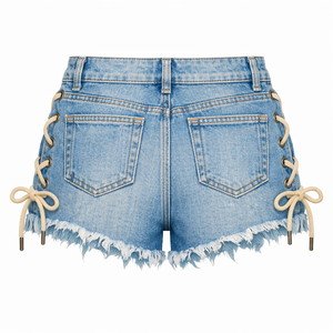 OEM Women's Jeans Shorts 100% Cotton Quick Dry <b>Elastic</b> Waist Latest Fashion Stylish Ripped Design <b>Lace</b>-Up Sides Comfortable - Product Image 2