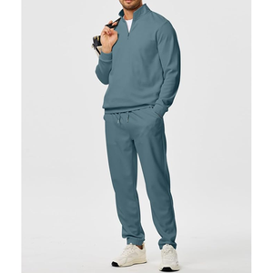 Men's Quarter-Zip Fleece Tracksuit <b>Set</b> Solid Color Casual Autumn Wear Breathable <b>Knitted</b> Cotton Pants and Top - Product Image 4
