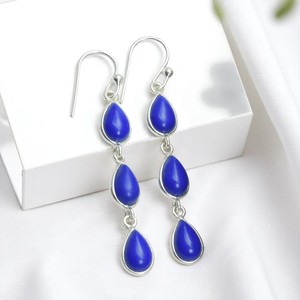 Handmade Blue Sapphire Pear Drop Long <b>Dangle</b> Gemstone <b>Earrings</b> in 925 Sterling <b>Silver</b> Gold Plated Cute Party for Women - Product Image 2