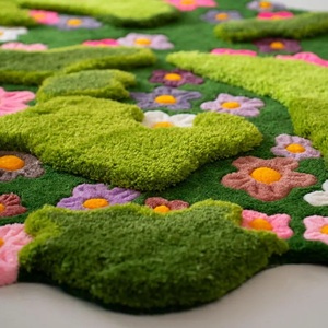 Tapis en laine pour enfants motif floral, tapis touffeté doux pour aire de jeux, motif de fleurs mignonnes, tapis de forme irrégulière vert pour la décoration de chambre d'enfant - Product Image 5