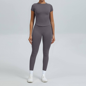 Conjunto de 2 Piezas para Yoga, Cuello Redondo sin Tirantes, Manga Larga, Cintura Alta, Largo Completo, Sin Costuras, Transpirable, Estampado, Ropa Deportiva, Elástico en 4 Direcciones - Product Image 2