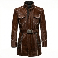 Fournisseur en gros de vestes en cuir marron pour hommes, sur mesure, cloutées, longues, en cuir de vachette, usine exportatrice et fabricante