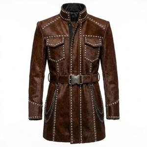 Custom Mens Brown Hairon <b>Leather</b> <b>Jacket</b> Supplier Wholesale Studded Longline Cowhide Outerwear Factory Exporter Manufacturing - Product Image 1