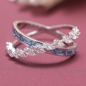 IGI Certified Pear Diamond and Blue Baguette <b>Wrap</b> Crossover Ring in 14K Gold Rhodium Plated for Engagement & Anniversary <b>Gift</b> - Product Image 1