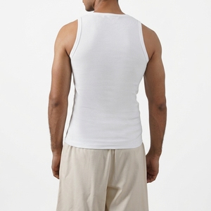 Men's <b>White</b> Ribbed Knit <b>Tank</b> <b>Top</b> O-Neck Solid Color Casual Wear 100% Cotton - Product Image 3