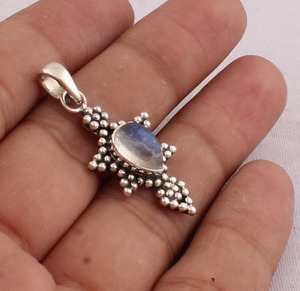 925 Sterling Silver Rainbow <b>Moonstone</b> <b>Pendant</b> Wholesale Natural Blue Fire <b>Moonstone</b> Dotted Bezel Jewelry Handmade Boho Gemstone - Product Image 3