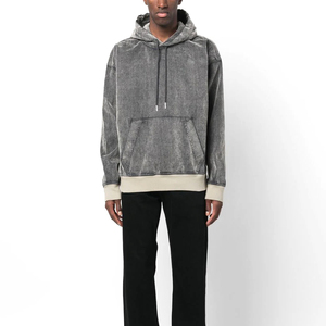 Sweat à capuche décontracté pour homme en molleton 100% coton gris délavé style vintage, manches longues, cordon de serrage, poche kangourou - Product Image 1