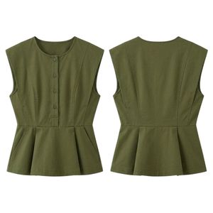 Blusas de mujer con dobladillo acampanado, elegantes y con botones, cintura con peplum, verde caqui, mezcla de algodón, cuello redondo clásico, sin mangas - Product Image 1