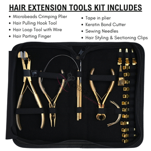 Kit d'outils pour extensions de cheveux avec micro-anneaux et bandes adhésives, comprenant des pinces en acier inoxydable, un coupe-fil et des accessoires d'installation - Product Image 2
