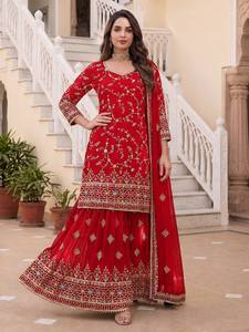 Factory Price OEM Premium <b>Red</b> Heavy Work Sharara Suit Traditional Indian Pakistani Ethnic Wear Readymade Kurti Sharara Set Whole - Product Image 5
