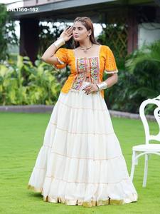 Festival Wear Rangoli Crush with Lumpi Lace work & Flared <b>White</b> <b>Lehenga</b>-Readymade Print-Embroidery Blouse Pair Indian Supplier - Product Image 5