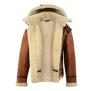 Veste en cuir marron pour homme avec capuche en fourrure, manteau d'hiver en peau de mouton véritable, doublure polaire chaude, veste décontractée de motard - Product Image 3