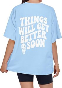 T-shirt ample à manches courtes bleu clair pour femme avec imprimé Smiley, col rond, coupe décontractée, haut d'été 100 % coton pour femme - Product Image 2