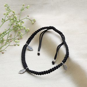 Black Macrame Cord with Silver Leaf Fine Charm <b>Bracelet</b> High Quality Adjustable <b>Bracelet</b> Classic Vintage Bohemian Ethnic Design - Product Image 2