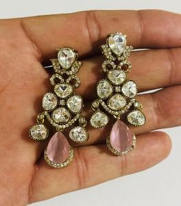 Luxury Pink <b>Cat</b> Eye Pan Shape Stone & Crystal Statement Drop <b>Earrings</b> Gold Plated Bridal Wedding Party <b>Earrings</b> for Women - Product Image 5