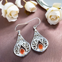 Großhandel Christliche 925 Sterling Silber Ohrringe für Damen mit orangefarbenem Karneol-Edelstein im Birnenform-Schliff, Hängeohrringe für Frauen