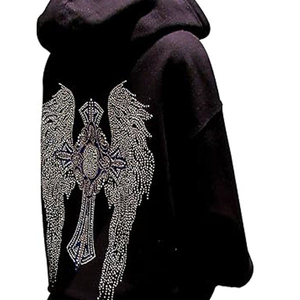 Sweat à capuche noir pour femme avec strass, ailes d'ange croisées, style gothique, décoration au dos, vêtement décontracté d'hiver, respirant, OEM - Product Image 2