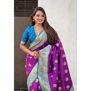 ผ้าไหมเนื้อนุ่มสีไวน์ลายดอกทานตะวันแบบอีลิท วีฟส์ บัตต้า มีนาคารี ซารี ผ้าทอแบบดั้งเดิมสำหรับชุดพื้นเมือง - Product Image 2