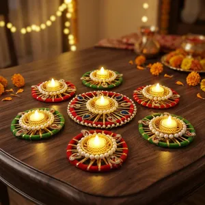 Juego de Portavelas Decorativos de Lujo Ecológicos Hechos a Mano con Perlas para Diwali, Bodas, Festivales y Decoración del Hogar - Product Image 4