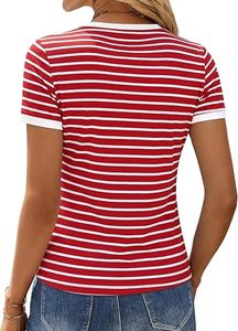 Camiseta de Manga Corta a Rayas Rojas y Blancas para Mujer, Cuello Redondo, Corte Ajustado, Informal, de Punto, de Algodón, para Primavera y Verano - Product Image 3