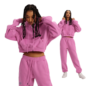 Conjunto de Sudadera Corta Oversize y Pantalones Jogger para Mujer, Forrado de Felpa, Dos Piezas, Color Rosa, Proveedor Mayorista B2B, Personalizado OEM - Product Image 1
