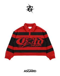 Red Black Striped State Quarter Zip <b>Pullover</b> | Oversized Collared Sweatshirt | Streetwear <b>Jacket</b> OEM Private Label Manufacturer - Product Image 2