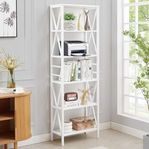 Étagère à livres moderne en métal blanc à 6 niveaux avec design en X pour le rangement et l'affichage dans le bureau à domicile, le salon ou comme meuble de rangement. - Product Image 3