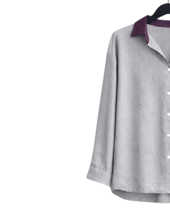 Ensemble deux pièces décontracté en coton et lin pour femme : chemise gris clair et pantalon large violet – Fabricant OEM personnalisé - Product Image 3