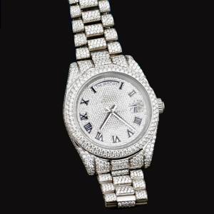 นาฬิกาข้อมือผู้ชายสไตล์ฮิปฮอป ตัวเรือนทรงกลมประดับเพชรโมอิสซาไนต์เต็มหน้าปัด พร้อมฟังก์ชั่นแสดงวันและวันที่อัตโนมัติ หน้าปัดกระจก - Product Image 1