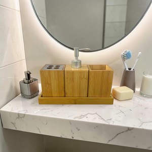 Bamboo <b>Bathroom</b> Organizer <b>Set</b> With Soap Dispenser Toothbrush Holder And Storage Tray Minimalist Rectangle Customized Design - Product Image 3