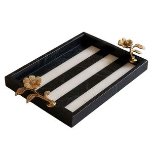 Black Marble <b>Tray</b> with White Stripes and Gold Flower Handles Elegant Decorative Serving <b>Tray</b> for <b>Snacks</b> and Appetizers - Product Image 1