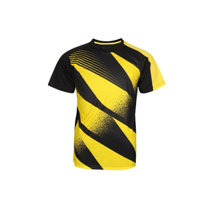 Maillot de sport géométrique jaune et bleu personnalisé pour homme, à manches courtes, col rond, tricoté 100 % coton, séchage rapide, coupe régulière, motif 240g - Product Image 3