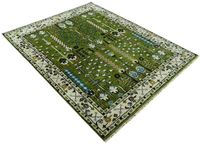 Tapis sur mesure noué à la main en laine/soie, design Oushak, vert olive, de luxe, à poils coupés et courts, motif floral, style persan et turc |   1 pièce |   PET
