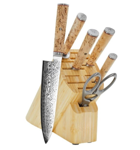 Ensemble de couteaux de cuisine à manche brun clair avec lames à motifs argentés, bloc en bois et ciseaux pour trancher, hacher et préparer les aliments - Product Image 5