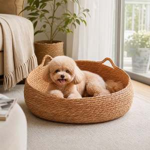 Panier-lit pour animaux de compagnie en jonc de mer rond et tressé, avec oreilles décoratives, en paille naturelle, écologique, pour chat et petit chien, ensemble coussin de repos - Product Image 1