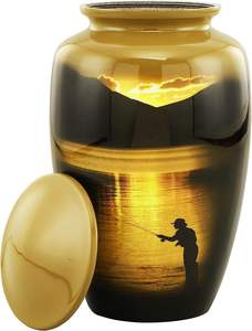 Urne funéraire en métal de luxe pour crémation, motif coucher de soleil, vente en gros, avec scène de pêcheur au lac et design artistique en émail poli - Product Image 2
