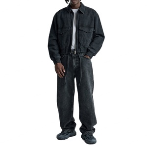 Mens Washed Black <b>Denim</b> Bomber <b>Jacket</b> <b>Cropped</b> Utility Cargo <b>Jacket</b> Zip Up Streetwear Outerwear OEM ODM - Product Image 2