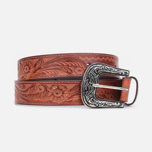 Ceinture en cuir véritable de vachette, style western, unisexe, élégante, avec motifs floraux gravés à la main et boucle en laiton design. - Product Image 6