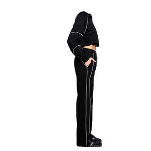 Women's <b>Black</b> Tracksuit Set Full Length Loose Fit Half-Zip Hooded Heat-Transfer Logo Streetwear Autumn Wear - Product Image 2
