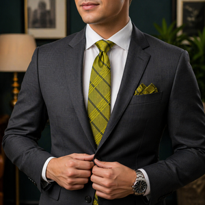 Luxury Yellow Plaid Silk <b>Tie</b> <b>Set</b> for Men with Pocket Square | Premium Gift Box Wedding Business Necktie | India 2026 Export Wear - Product Image 3
