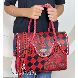 Nuevo Bolso Tote de Cuero Vacuno Estilo Occidental, Hecho a Mano, con Diseño Floral a Cuadros y Asa Trenzada, Bolso de Diseñador para Mujer - Product Image 1