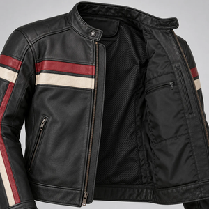 Chaqueta de Motociclista de Cuero Genuino Negro para Hombre, con Bloques de Color, Cuello Alto y Cremallera - Product Image 3