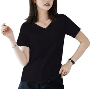 T-shirt en toile pour femme à col en V et manches courtes, personnalisable avec logo, couleurs et tailles sur mesure, prix de gros - Product Image 1