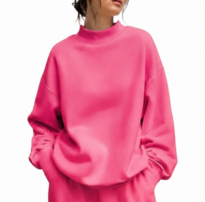 เสื้อสเวตเชิ้ตคอเต่าทรงโอเวอร์ไซส์สำหรับผู้หญิง สีชมพูล้วน แขนยาวทรงหลวม ถักนิตติ้ง สวมใส่สบายๆ ในฤดูใบไม้ร่วง - Product Image 1