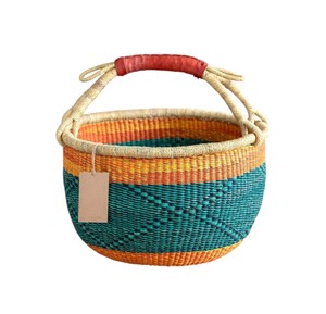Panier ventre en jonc de mer supérieur, tressé à la main, écologique, motif vert sarcelle et orange, pour rangement de jouets d'enfants en chambre d'enfant - Product Image 1