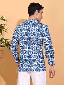 Kurta Corta Azul de Algodón para Hombre con Estampado Artesanal, Cuello Nehru, Diseño Sólido y Moderno, Mangas Largas, Prenda Étnica Global - Product Image 2